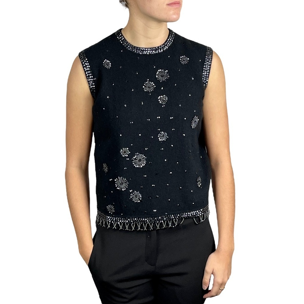 VINTAGE 60S WOOL BLACK STARBURST BEAD FRINGE KNIT TANK TOP MARIANNE FASHIONS